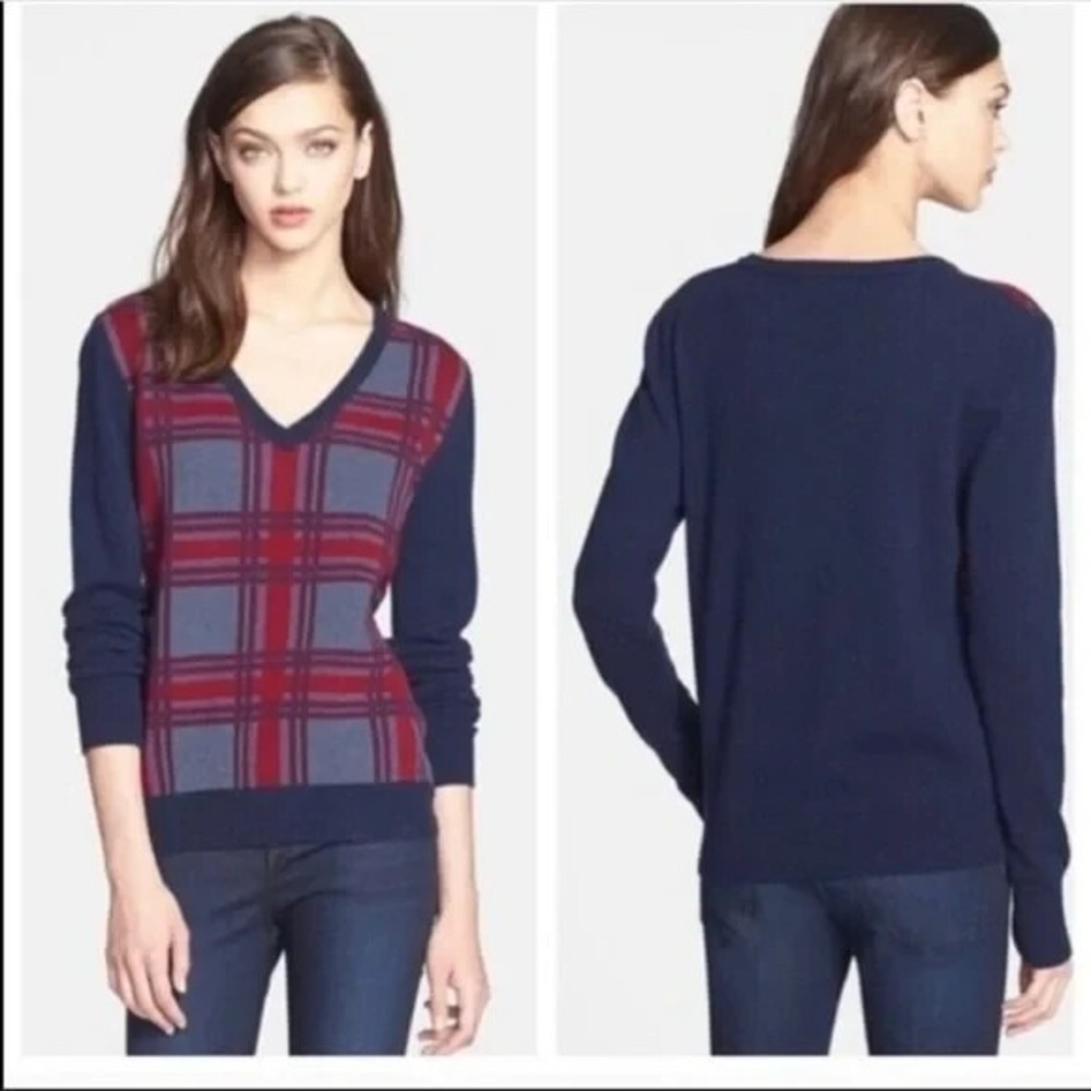 WOMEN'S‎ EQUIPMENT FEMME CECILE NAVY V-NECK PLAID SWEATER JUMPER WOOL YAK S